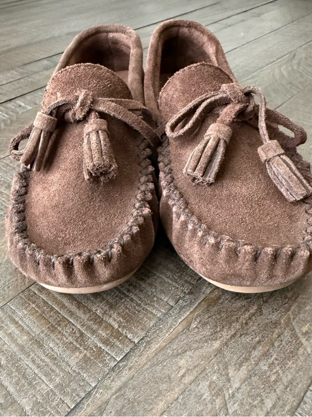 Women's Brown Suede Tassel Moccasins with Peace Logo - Picture 2 of 15